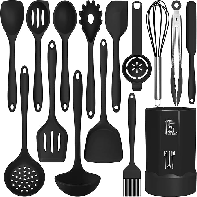 AOTHOD Silicone Cooking Utensils Set - 446째F Heat Resistant Kitchen Utensils,Turner Tongs,Spatula,Spoon,Brush,Whisk,Kitchen Utensil Gadgets Tools Set for Nonstick Cookware,Dishwasher Safe (BPA Free)