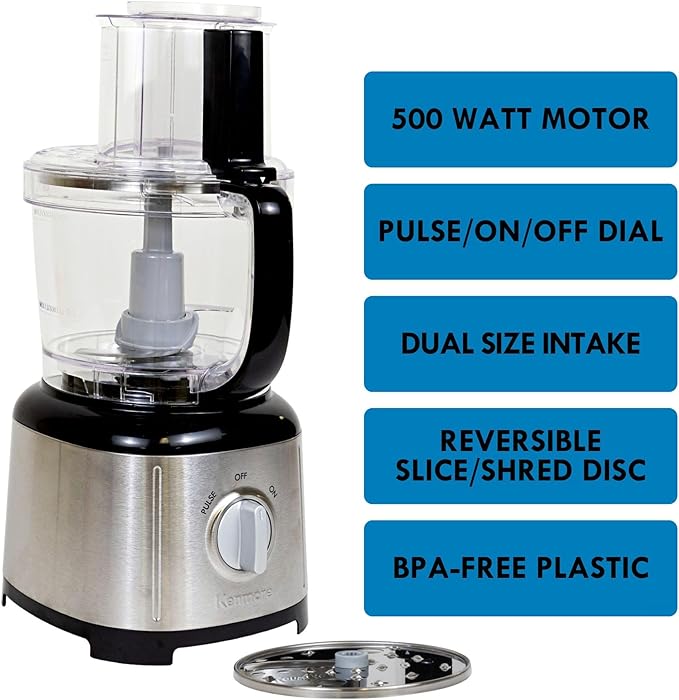 Kenmore 11-Cup Food Processor - Vegetable Procesador de Alimentos, Blender, Onion Chopper And Garlic Mincer, Kitchen Appliance High Powered Electric Licuadora, 500W Red, Stainless Steel Black