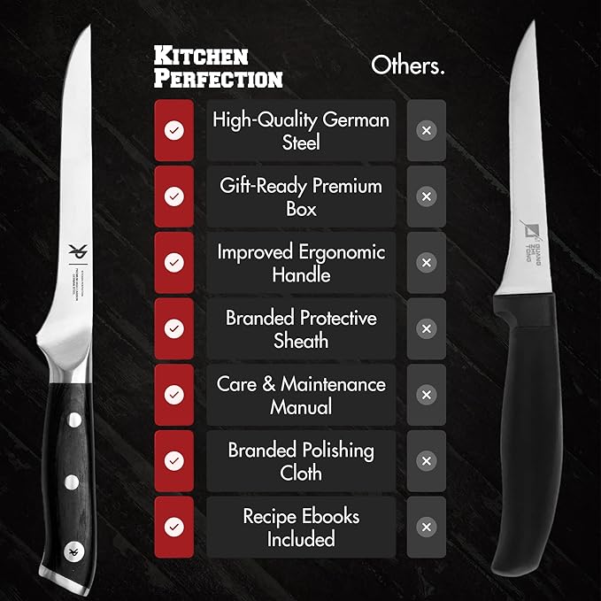 Kitchen perfection 6??Boning Knife for Meat Cutting & Filleting - Razor Sharp Premium German Steel Blade with Sheath - Full Tang Ergonomic Handle - Trim, Debone, Slice Meat Like a Pro- BBQ Men's Gift