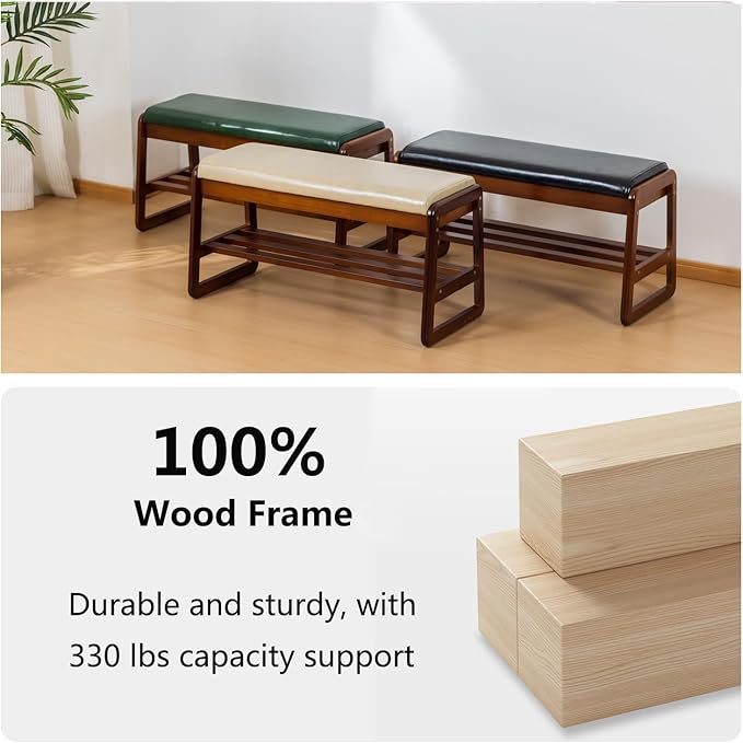 SOBIBO Solid Wood Shoe Bench, 2-Tier Entryway Bench with Cushion and Flip-Open Storage Box, Mid-Century Modern Shoe Bench Rack for Hallway, Mudroom(Black, 31.5'')