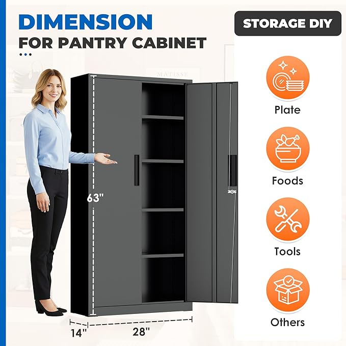 INTERGRAET 63" Tall Pantry Cabinet,Kitchen Pantry Storage Cabinets with 2 Doors and 4 Shelves,Black Metal Storage Cabinet,Cupboard for Home,Kitchen,Living Room/Dining