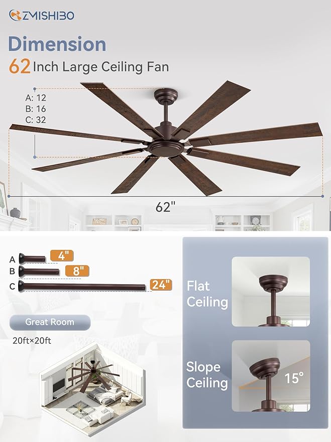 62 Inch Ceiling Fan No Light with Remote Control, 8 Blades Quiet DC Reversible Motor, 6-Speed, Timer, Oil Rubbed Bronze Finish, Indoor Outdoor Ceiling Fans for Patios, Living Room, Garage