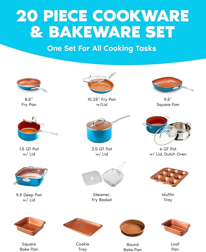 GOTHAM STEEL 20 Piece Copper Pots and Pans Set Nonstick Cookware Set + Complete Ceramic Bakeware Set for Kitchen with Long Lasting Non Stick, Dishwasher/Oven Safe, Non Toxic ??Turquoise
