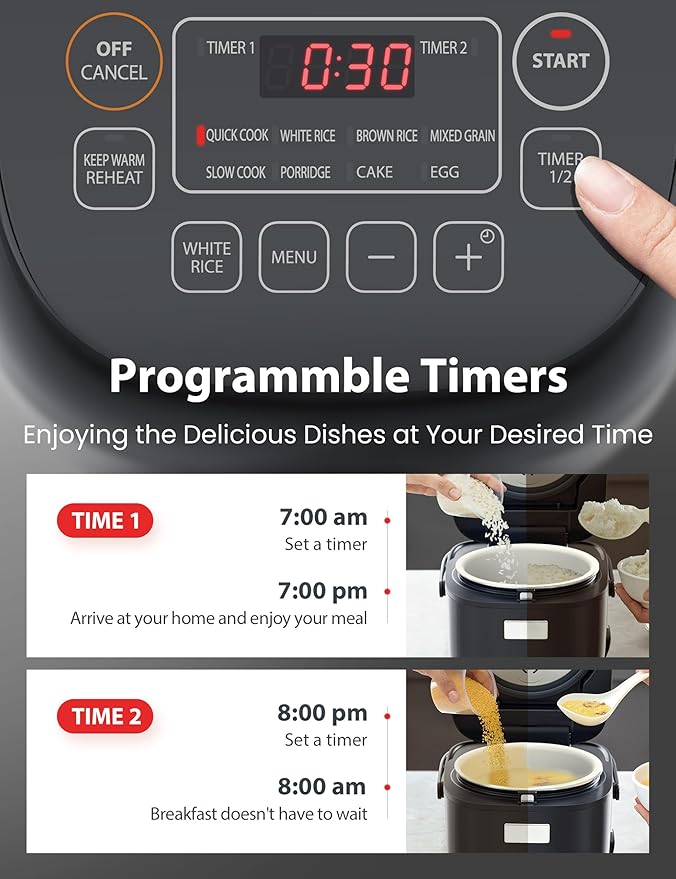 TOSHIBA Rice Cooker Small 3-Cup Uncooked??LCD Display with 8 Cooking Functions: Rice, Oatmeal, Mixed Grains and More, NonStick Inner Pot, Grey