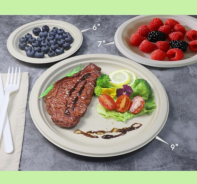 GreenWorks 100 Count 7??Heavy-duty Compostable Plates, Unbleached Biodegradable Bagasse and Bamboo fiber Paper Plates