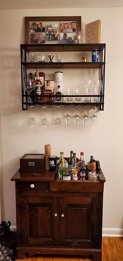 SSS Furniture Industrial Wine Rack Wall Mounted with 8 Stem Wine Glass Holder, 31.5in Hanging Wall Wine Rack Floating Bar Shelves, 3-Tier Wood Shelves Wine Shelf Home D챕cor Display Rack