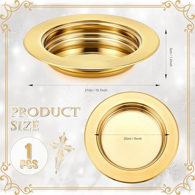 Zhehao 1 Pcs Communion Plates for Church Communion Bread Tray Plate Church Supplies Set Polished Stainless Steel Tray (Gold)