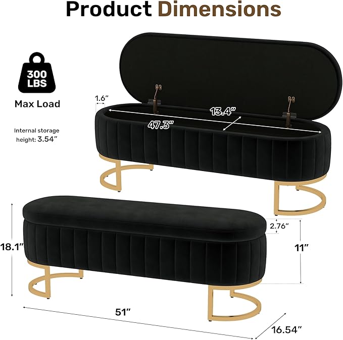 VIROL 51 Inch Storage Ottoman Bench Velvet End of Bed Storage Bench King Size Upholstered Tufted Bench Large Space for Bedroom Living Room Entryway Black