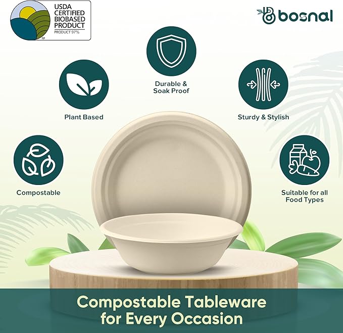 BOSNAL 10 Inch Round Plates with 32 oz Bowls ??25 Plates, 25 Bowls,100% Plant-Based Sugarcane Bagasse, Eco-Friendly Disposable Dinnerware for Hot & Cold Meals, Microwave Safe