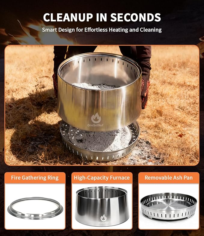 21 Inch Smokeless Fire Pit, for Outdoor Patio & Backyard, Dual Airflow Secondary Combustion, Stainless Steel Firepit with Detachable Ash Pan, Clean Burn, Portable for Camping & Gatherings