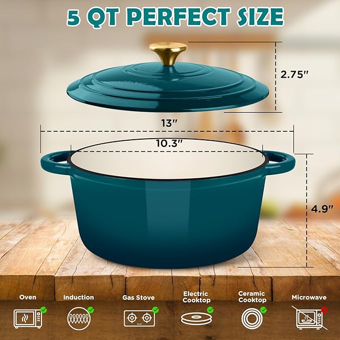 Enameled Cast Iron Dutch Oven Pot with Lid, Incl. Sourdough Bread Baking Supplies Like Banneton Bread Proofing Basket, Starter Jar, Scoring Tool Lame, 5QT Dutch Oven for Bread Baking, Oven Safe up to 500째F