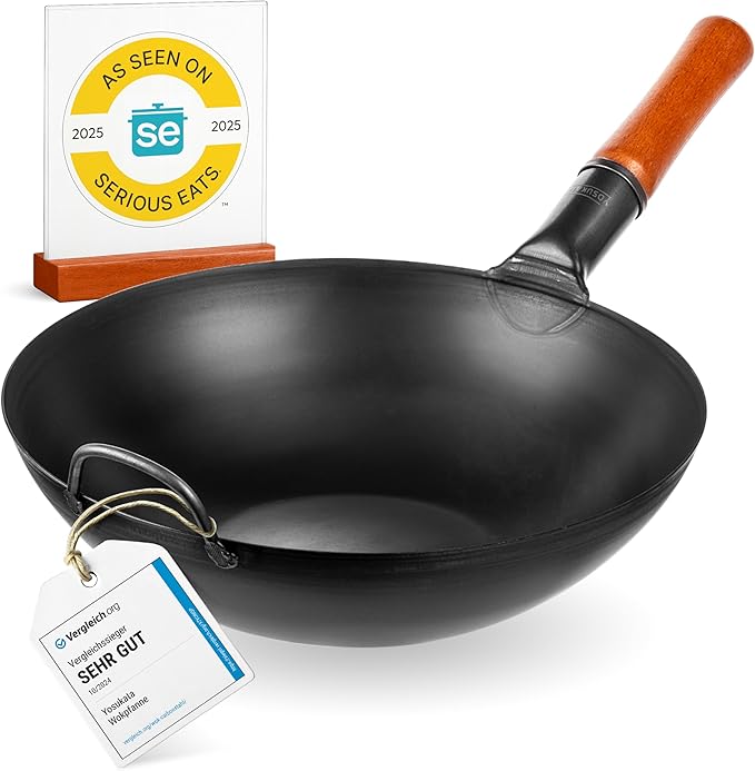 YOSUKATA Carbon Steel Wok Pan 13,5 ??+ Lid 12.8 In for 13.5-In Wok + 17?쇺?Spatula and Ladle