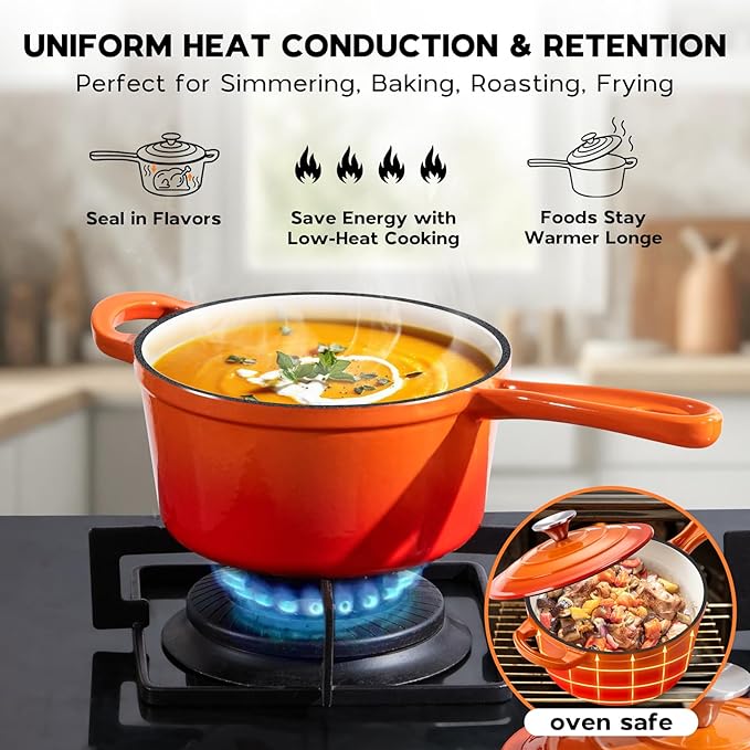Onader Enameled Cast Iron Sauce Pan Pot, 1QT Saucepan with Lid, Small Enamel Dutch Oven Kitchen Cooking Pot ??Sunset Orange