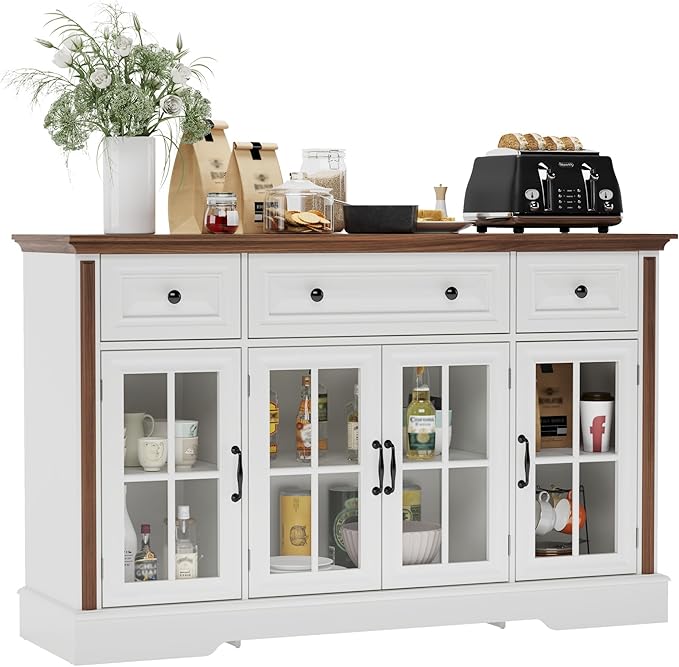 Sideboard Buffet Cabinet with Storage, 4 Glass Doors & 3 Drawers, 53.5" Farmhouse Modern Credenza Console Table with Adjustable Shelves, Coffee Bar Cabinet for Kitchen Dining Living Room, White