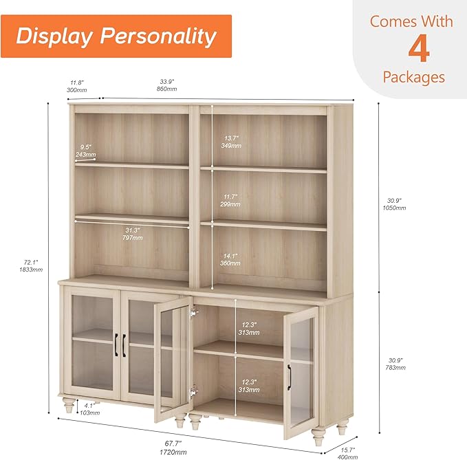 WAMPAT 72'' Tall Kitchen Pantry Cabinet with Storage, 68'' Wide Dining Hutch with Glass Doors and Adjustable Shleves, Farmhouse Pantry Storage for Home Decor, Living Room, Home Office, Light Oak