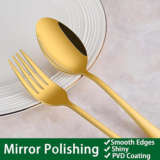 30 PCs Gold Flatware Sets Service For 6 Person,Shiny Gold Stainless Steel Silverware Sets Dinner Knives Fork And Spoons For Home Party And Wedding