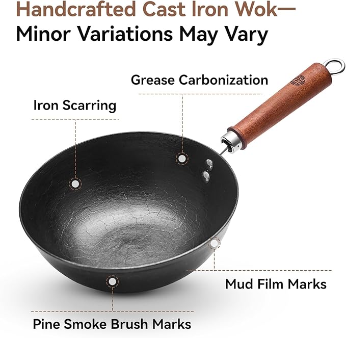 WANGYUANJI 9.5 Inch Cast Iron Wok with Glass Lid ??Small Flat Bottom Stir Fry Pan with Wooden Handle, Non-Coated Cookware for Gas & Open Flame