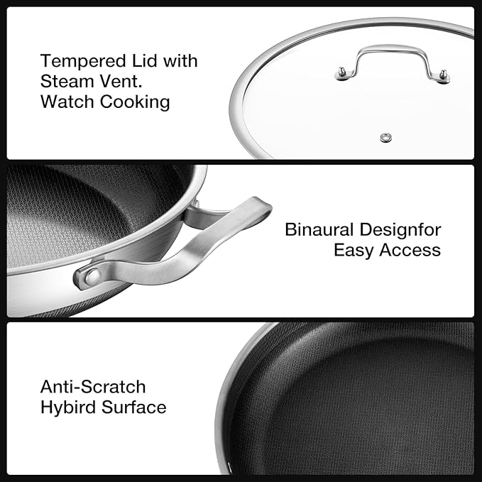 14 Inch Paella Pan with Lid, Ceramic Nonstick & Stainless Steel Induction Ready, 12-Serving Large Skillet, Oven Safe 550째F for Paella, Searing, Frying (Family Gathering & Outdoor Cooking)