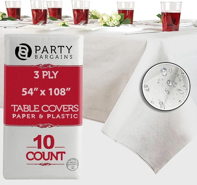 PARTY BARGAINS Disposable Table Covers, 54 x 108 Inch, White, 3-Ply Paper & Plastic Spill-Resistant Party Tablecloths, 10 Pack