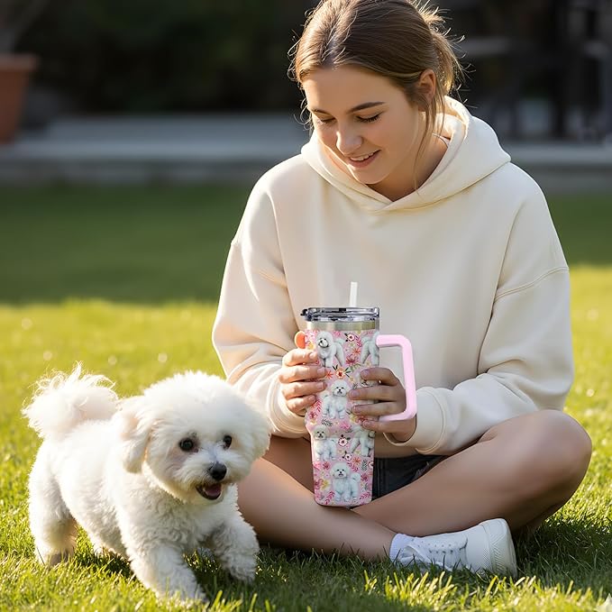 Yogusut Bichon Frise Gifts for Women, 40oz Stainless Steel Insulated Tumbler Travel Mug Cup with Handle Straw, Gifts for Dog Mom Dog Lover
