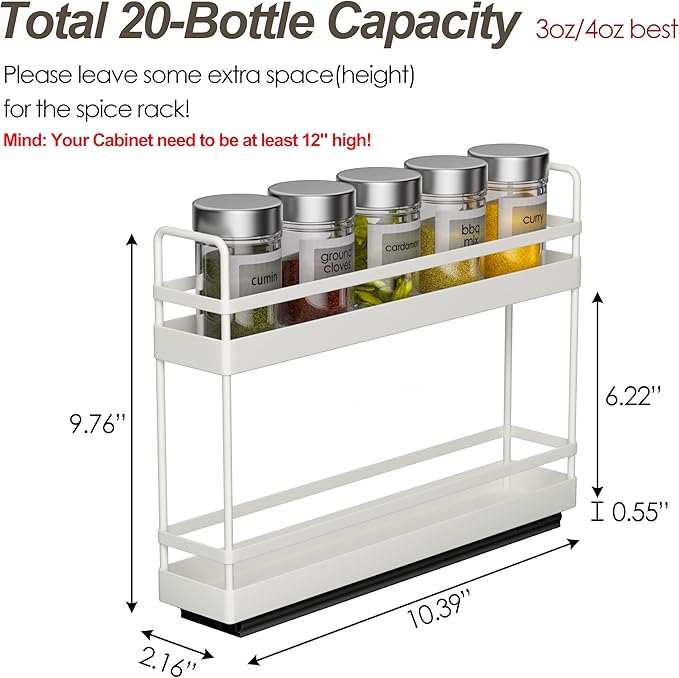 Finnhomy Pull Out Spice Racks for Inside Cabinets, Whole Metal Manufacturing, Vertical Spice Rack Pull Out, Spice Organizer, 2.16" W 횞 10.39" D 횞 9.76" H, 2 Drawers & 2 Tiers, 2 Pack, Light Gray