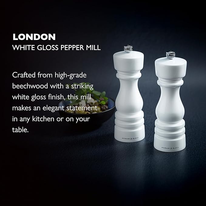 Cole & Mason London Refillable Spice Mill - Kitchen & Home Accessory - Table Black Pepper Grinder - Pepper Mill with Carbon Steel Mechanism - 7", White Gloss