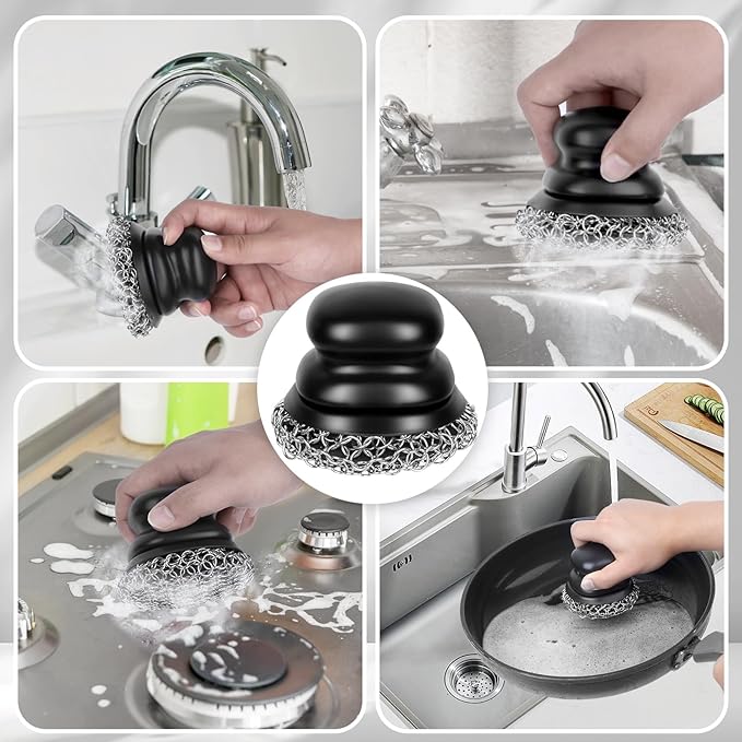 Onewly Cast Iron Scrubber (1Pack Black Coarse Mesh + 1Pack Black Fine Mesh) and and Scraper, Chain Mail Scrubber for Cleaning Stock Pots, Pans, Griddles, Grills, Cast Iron Skillets, Dish Scouring Pads