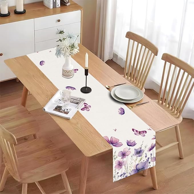 ZCHOMI Purple Flowers Table Runner 13x72 Inch Spring Summer Seasonal Kitchen Dinning Table Decoration for Indoor Outdoor Home Party D챕cor