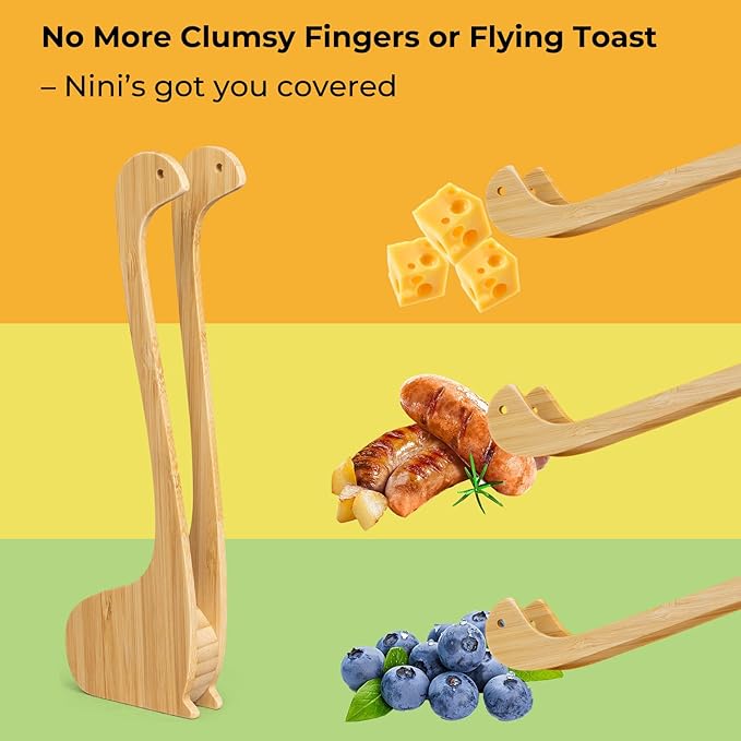 Bamboo Nessie Toast Tongs ??10??Toaster Tongs for Bread & Bagels, Heat-Resistant Bamboo Kitchen Tongs with Anti-Slip Grip, Cute Loch Ness Monster Design for Cooking & Serving