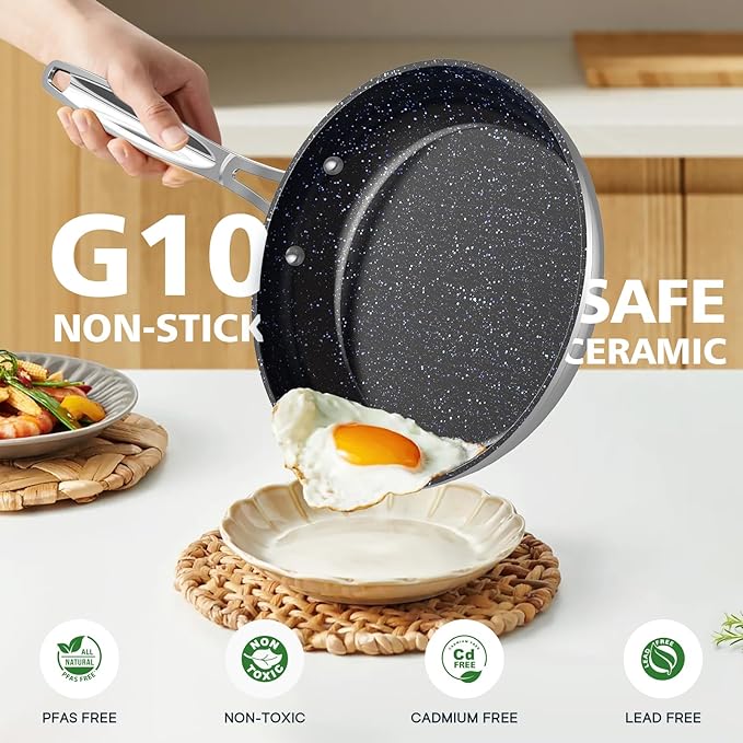 Nuwave 3-Piece 8?? 10?? 12??Forged Lightweight Frying Pan Set, G10 Healthy Duralon Blue Ceramic Ultra Non-Stick, Ergonomic Stay-Cool Handles, Induction-Ready & Works on All Cooktops