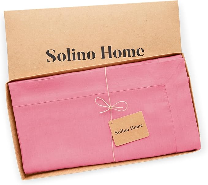 Solino Home Linen Tablecloth for Rectangle Tables 60 x 108 Inch - 100% Pure Linen Pink Carnation Table Cloth - Fete, Machine Washable Cloth Tablecloth for Valentines, Spring, Easter