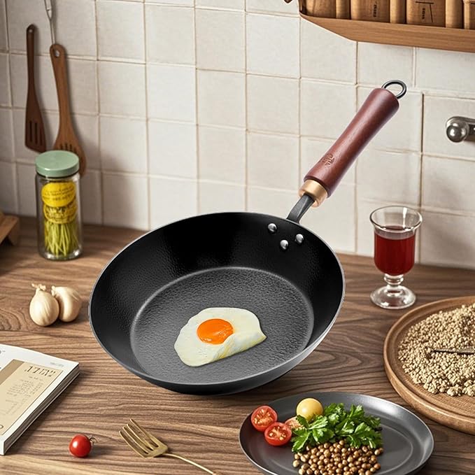 WANGYUANJI Coating-Free Carbon Steel Pan, Flat Bottom Skillet with Removable Heat-Resistant Wooden, High-Heat & Open Flame Compatible (Gas, Electric, Induction) 10.24Inch Frying Pans for Cooking