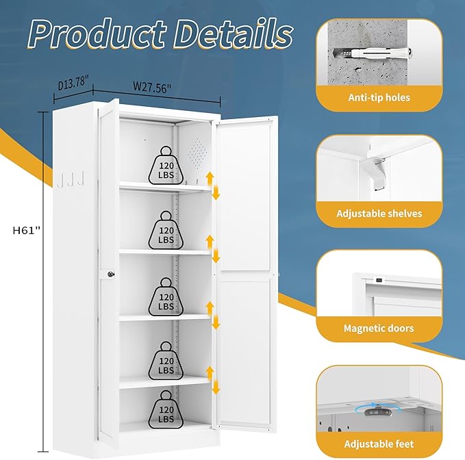 Kitchen Pantry Cabinet, 61" H Storage Cabinet with Doors and Adjustable Shelves, Metal Bathroom Cabinets, Utility Cabinets for Kitchen, Home Office, Garage, Assembly Required, White