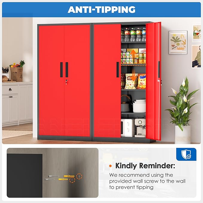 INTERGRAET 63" Tall Pantry Cabinet,Kitchen Pantry Storage Cabinets with 2 Doors and 4 Shelves,Black Red Metal Storage Cabinet,Cupboard for Home,Kitchen,Living Room/Dining
