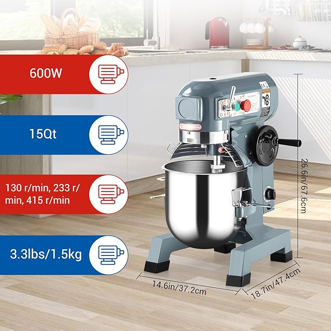 15Qt Commercial Stand Mixer, 600W Heavy-Duty Stainless Steel Stand Mixer with Timer, 3 Speeds & Attachments for Bakeries, Restaurants, Pizzerias