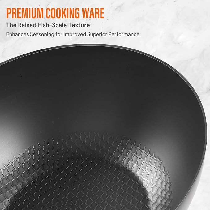 10.5-Inch Carbon Steel Wok ??Lightweight Flat-Bottom Stir-Fry Pan for 2?? Servings, Authentic Chinese Cooking, 2-Piece Set