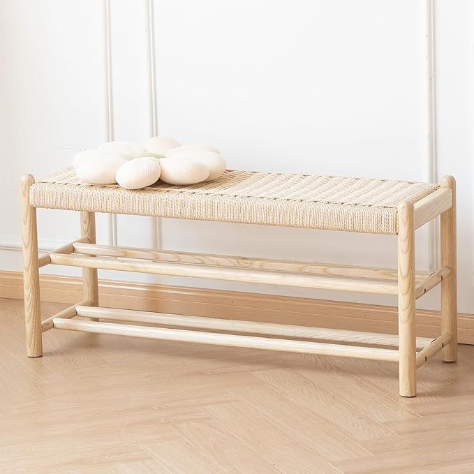 XINNAN Solid Wood Entryway Bench with Shoe Storage, Rustic Oak Wood and Woven Design 39.4 Inch Long Seating for Living and Dining Rooms, 3-Tier Nature