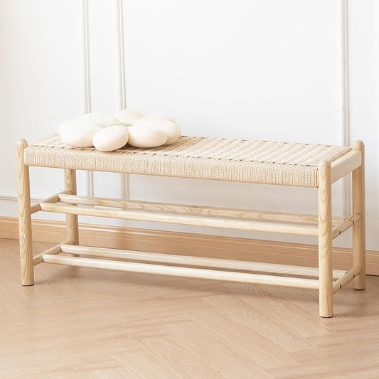 XINNAN Solid Wood Entryway Bench with Shoe Storage, Rustic Oak Wood and Woven Design 39.4 Inch Long Seating for Living and Dining Rooms, 3-Tier Nature