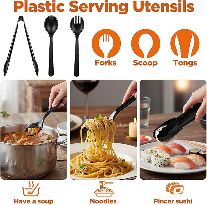 36 PCS Disposable Serving Utensils, Black Plastic Spoons Forks Tongs 12 Set Heavy Duty Party Utensils Set for Restaurant Buffet Wedding Banquet Dinner Party Salad Soup Noodles