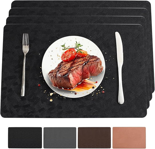 Bxzandya Vinyl Placemats Set of 4 Heat Resistant Easy Clean Non-Slip Place Mats for Dining Table. Faux Leather Waterproof Stain Resistant Wipeable Washable PU Table Mats(4, Black)