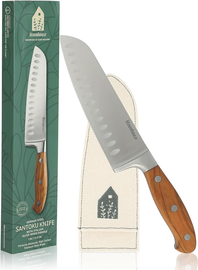 Bloomhouse - Two Time Oprah's Favorite Things Winner - 7-Inch Santoku Knife ??German Stainless Steel Blade with Forged Italian Olive Wood Handle, Full Tang Kitchen Knife for Slicing Dicing & Mincing