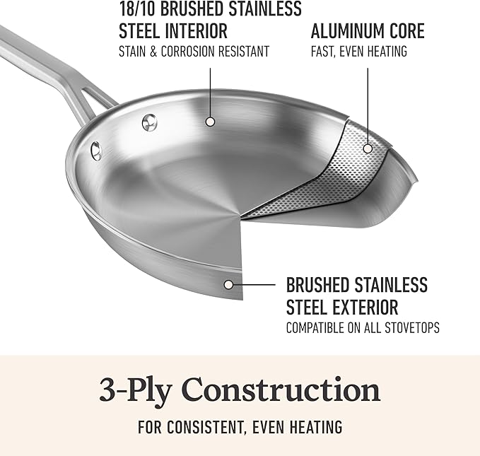 Calphalon Premier Brushed 5-Ply Stainless Steel Cookware w/Turbo Heat Tech 10" Fry Pan, Induction, Oven Safe 450F, Silver