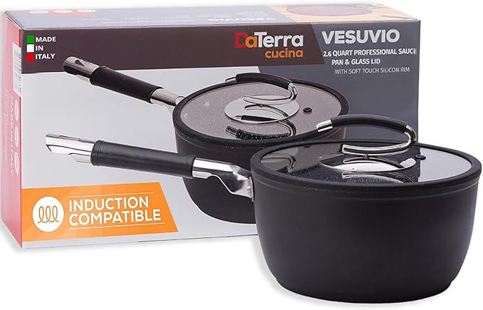 DaTerra Cucina - 2.6 Qt Nonstick Ceramic Saucepan with Lid ??Induction Compatible Cooking Pot, Nonstick Ceramic Sauce Pan for Soup, Pasta, Milk, and More, Medium Size for Kitchen, Oven Safe