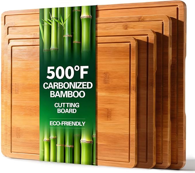 Zarler Bamboo Cutting Boards for Kitchen, 4 Piece Durable Wood Cutting Board with Juice Grooves and Handles, Wooden Chopping Borad Set for Meal Prep, 500??Carbonized Bamboo, Ideal Kitchen Gift