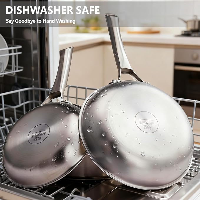 VINGLI 8'' 10'' 12'' Stainless Steel Frying Pan Set, Tri-Ply Skillets Set with Lids, Non-Toxic Chef's Pan, PFOA & PTFE Free, Compatible for All Cooktops, Dishwasher & Oven Safe (5-Pcs Skillets Set)