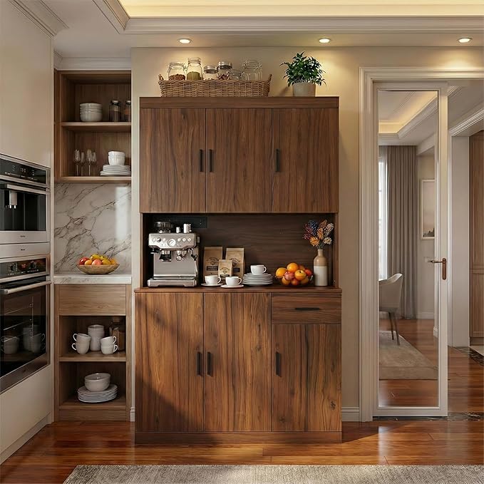 71 Inch Rustic Brown Pantry Cabinet with Power Outlet, Heavy-Duty Freestanding Kitchen Storage Organizer with Reinforced Frame, Pantry Hutch for Kitchen, Dining Room, Living Room