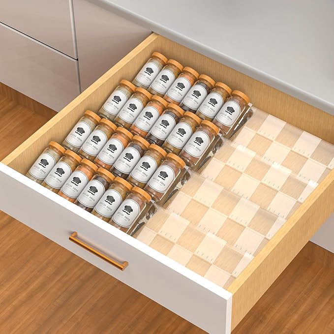 4-Tier Non-Slip Spice Drawer Organizer, 4-Pack Checkered Frosted Clear Acrylic, Expandable (11''-22'') Spice Rack for Kitchen Drawer Storage ??Holds Seasonings, Herbs, and Spices (Jars Not Included)