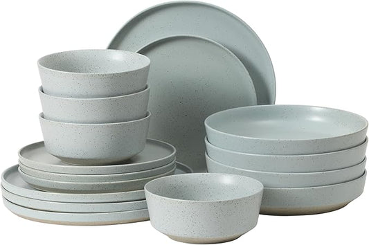 Gibson Elite Overbrook 16-Piece Pottery Clay Stoneware Dinnerware Set ??Light Blue Reactive Glaze, Stackable Plates and Bowls w/Pasta Bowl, Service for 4 ??Microwave & Dishwasher Safe