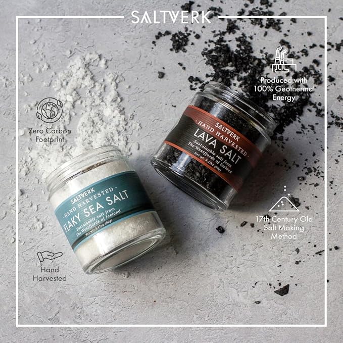 Saltverk Salt Gift Sets - Flaky, Lava, Birch Smoked, Arctic Thyme Sea Salts- Gourmet, Icelandic, Hand Harvested and Sustainably Made - Both 4 pk and 2 pk (3.17 Oz (Pack of 2), Flaky and Lava)