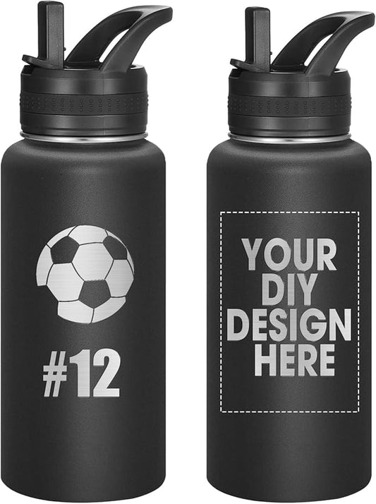 Personalized Laser Engraving Custom Water Bottle Print in USA 32oz Double Wall Stainless Steel Leakproof Wide Mouth Cup with Flip Straw